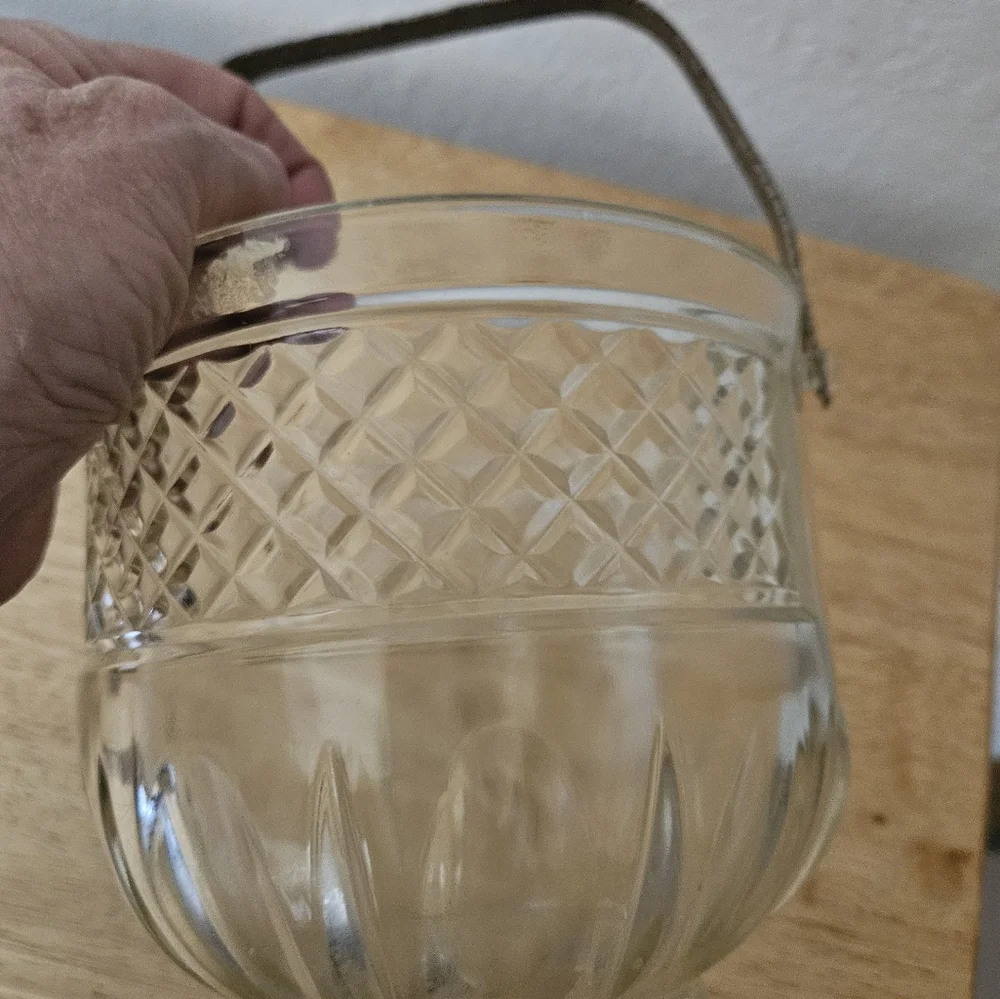 Vintage Glass Ice Bucket with Hammered Silver Handle